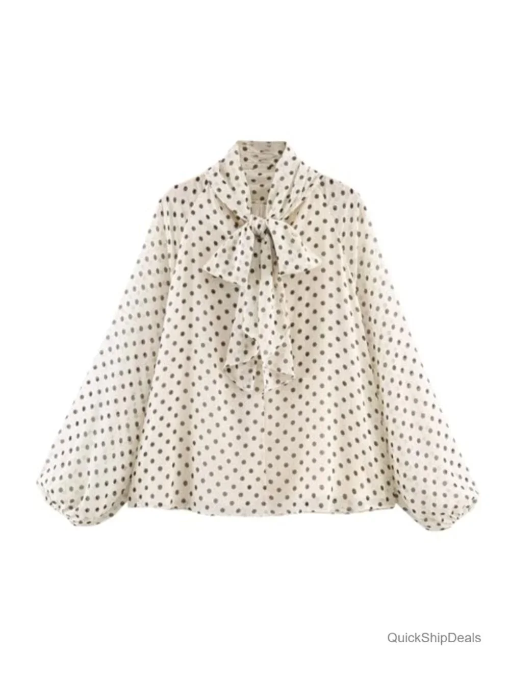 Women's Polka Dot Blouse Bow Tie Neck Long Sleeve Chiffon Tops